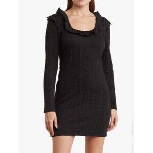 19 COOPER  Black Sweater Mini Dress Ruffled Round Neck Cable Knit Lined